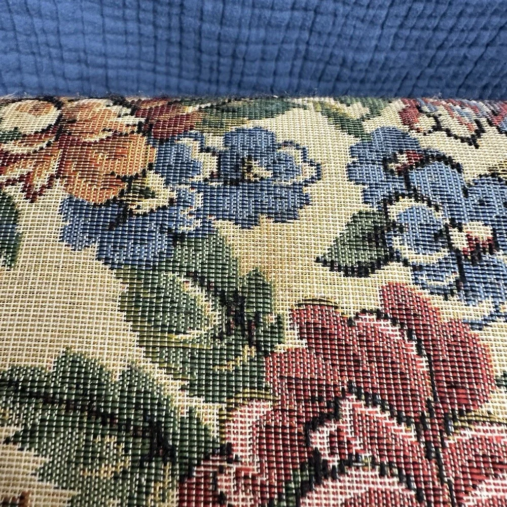 Vintage Wooden Tapestry Footstool Floral Upholstered Cushion Storage Bin Cottage